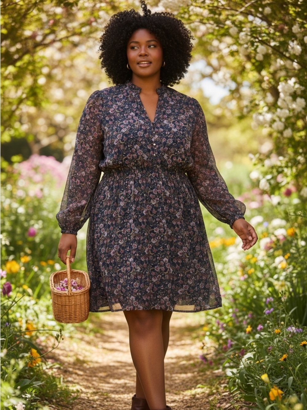 Devoted Long Sleeve Floral Midi Chiffon Ruffle Collar Smocked Waist Dress